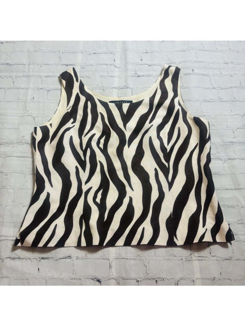 KASPER Shell Tank Top Womens 14 Brown Cream Linen Rayon Zebra Animal Print Lined